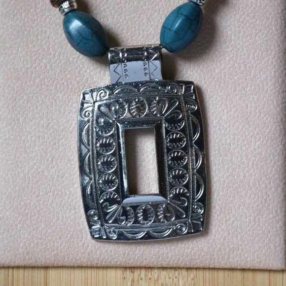 Statement Necklace Turquoise Silver Tone Metal Pendant Teal Orange Tribal Boho - Picture 5 of 9